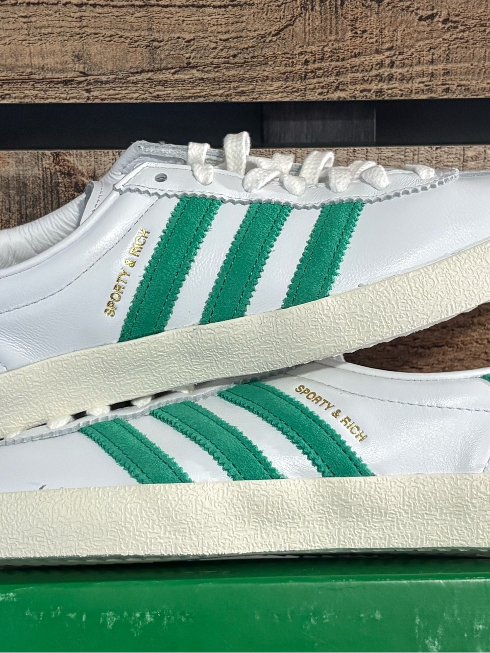 Sporty & Rich White Sneakers with Green Suede Stripes & Gold Tennis Charm